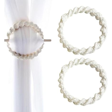 Lot de 2 cordes à rideaux avec tige en bois - Embrasse de rideau en coton tissé à la main - Beige (1/4)