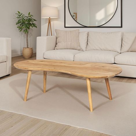 M&S – Table basse fixe 122 cm en teck massif naturel – Plateau asymétrique – Pieds inclinés pour stabilité – Ambiance moderne ou bohème