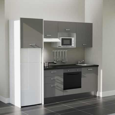 Kochnischen K37L-PT - 240 cm mit Arbeitsplatte und spüle - Graue Front - schwarze Laminatplatte - Edelstahl-Spüle - Kredenzen nein (1/5)