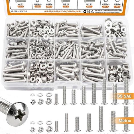 Kit d'assortiment de 408 vis, écrous et boulons (n° 6-32 / n° 8-32 / n° 10-24 et M3 / M4 / M5) à tête cylindrique cruciforme et à tête ronde fendue. (1/5)