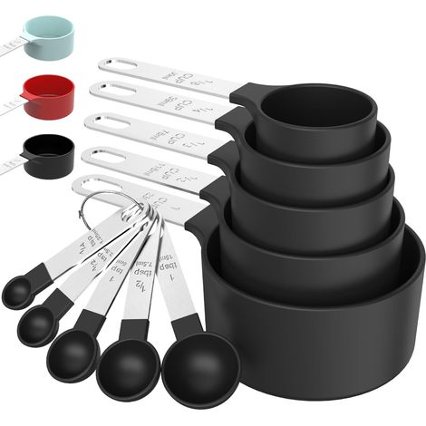 Ensemble de tasses et cuillères doseuses empilables, tasse à mesurer emboîtable avec poignée en acier inoxydable (noir) (1/4)