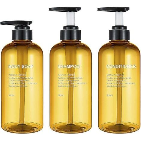 Set of 3 17oz Empty Shampoo Bottles, 500ml Yellow Plastic Pump Bottles with Soap Dispenser