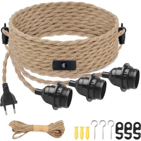 Lustre Corde Suspension Vintage en Corde de Chanvre à 3 Douilles E27 avec Interrupteur Suspension Luminaire Industrielle Rétro Lustre Cordelette pour Cuisine Bar Chambre Loft - Sans Ampoule (1/5)