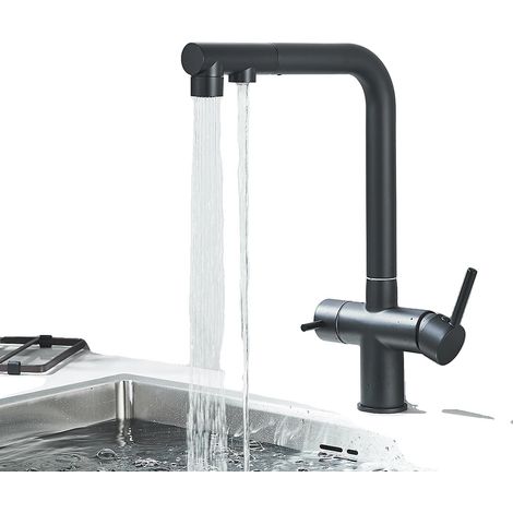 Robinet de cuisine, Bec rétractable, Double poignée, noir mat (1/2)