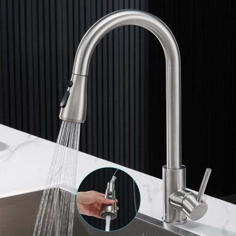 Robinet de cuisine extractible, robinet mitigeur de cuisine en acier inoxydable 304, robinet d'évier pivotant à 360 ° avec bec haut et réglage à 3 voies, finition brossée, disponible avec eau chaude e