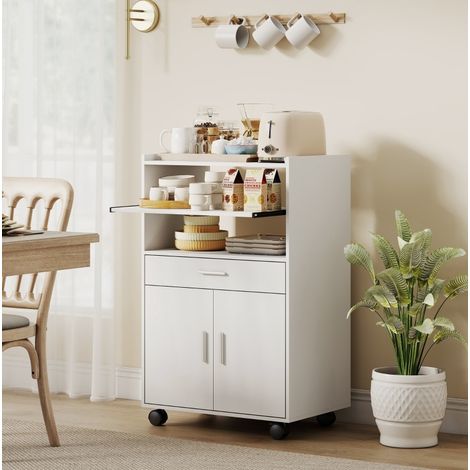 Credenza per microonde 98.5x48.0x15.0 cm, con ripiani multipli, cassetto, ruote, legno bianco (1/5)