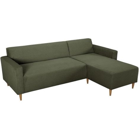 Canapé d'angle fixe réversible - 4 places - BOB - Velours cotelé Kaki - 197 x 138 x 65 cm (1/5)
