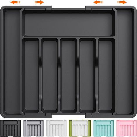 Organizzatore per cassetti, vassoio espandibile per utensili da cucina, portaposate, contenitore regolabile in plastica per cucchiai, forchette e coltelli, grande, nero. (1/5)