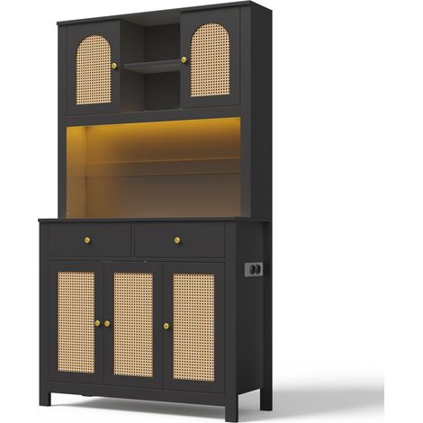 Aparador alto de cocina MDF negro con puertas de ratán, LED RGB, enchufe y 2 cajones 100x40x180 cm (1/5)