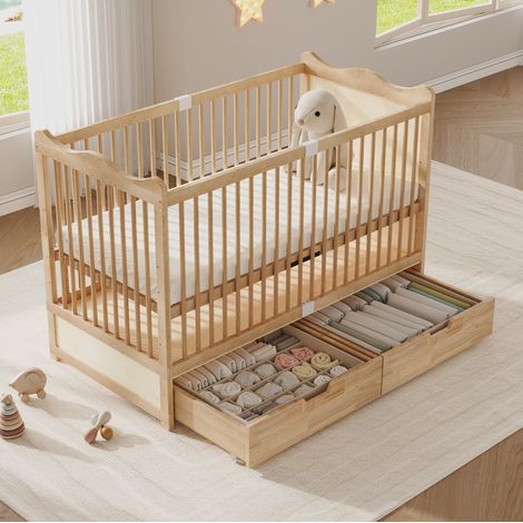 MODFU – Cuna 70x140 cm de pino macizo con somier regulable en 4 alturas, 2 cajones con ruedas, carga 32 kg y 2 paquetes – Natural (1/5)