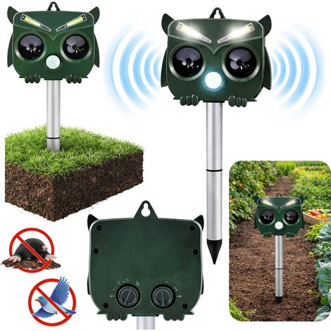 Repelente de animales solar con forma de búho, sensor de movimiento, ultrasonido y LED. (1/5)