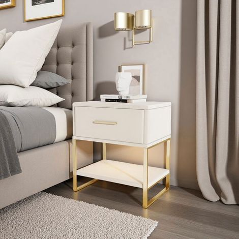 Set di 2 tavolini da notte, LED regolabile, 1 cassetto, telaio in metallo dorato, stile moderno, tessuto in velluto, beige