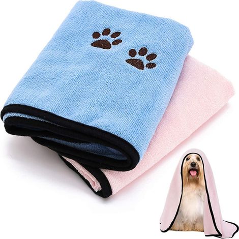Lot de 2 serviettes de bain pour animaux à séchage rapide (bleue et rose, 50 cm x 90 cm), en microfibre, absorbantes et adaptées aux chiens et chats de petite et moyenne taille. (1/5)