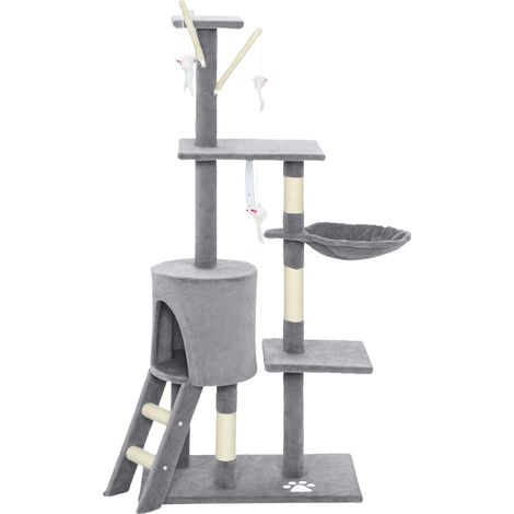 PawHut Tiragraffi per Gatti con Casetta Trespolo 4 Topolini 60x35x134 cm Grigio