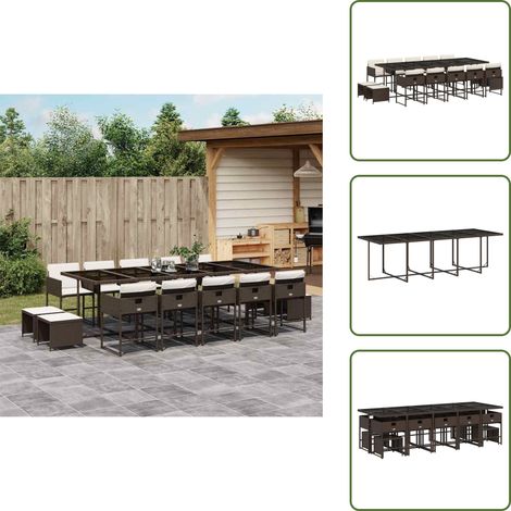 15-tlg. Garten-Essgruppe mit Kissen Braun Poly Rattan - Gartenmöbel Set - Esstisch - Gartenstühle - Gartenhocker - PE-Rattan Möbel