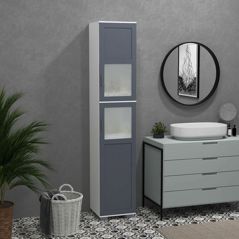 Armario Alto de Baño Mueble Columna de Baño con 2 Puertas de Vidrio Templado y Estantes Ajustables 37x35x190 cm Blanco y Gris (1/5)