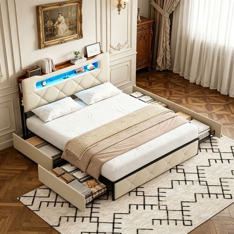 Lit Adulte 140x190 cm avec 4 tiroirs, tête de lit avec étagère, éclairage LED RGB, ports USB/Type-C, velours beige capitonné – Sans matelas