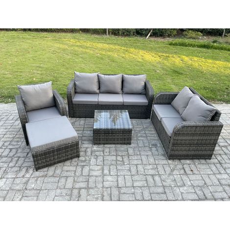Fimous Rattan-Gartenmöbel 5 Stück Terrassenset mit Tisch und Sofa Quadratischer Couchtisch Liegestühle Loveseat sofa 2 Großer Hockern (1/5)