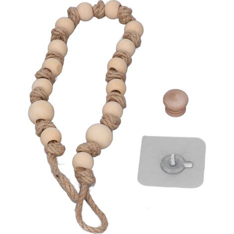 Attaches rideaux boho en bois et corde de jute avec perles - 55cm, style bohémien durable pour rideaux et tissus d'intérieur (1/5)