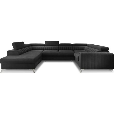 Les Tendances – Canapé panoramique convertible 6 places en velours anthracite – Têtières réglables – Coffre de rangement à gauche – Surface de couchage 210 x 125 cm (1/5)