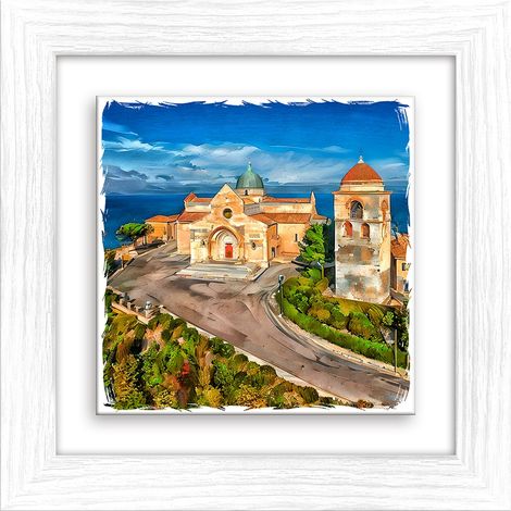 Lupia - Quadro moderno con paesaggi e localismi italiani, Ceramica e Stampa Rilievo, Cornice Legno Shabby Modern bianca, Decorazione Parete, Quadretti Soggiorno 29x29 cm ANCONA CATTEDRALE DI S.CIRIACO (1/4)