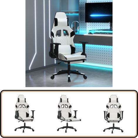 Chaise de jeu de massage avec repose-pied Blanc&Noir Similicuir - Chaise Gamer - Chaise De Jeu - Chaise Ergonomique - Chaise De Bureau - Massage Lombaire (1/5)