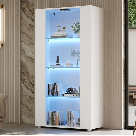 Vitrinenschrank mit 2 Glastüren, 4 Ablageflächen und verstellbarer LED-Beleuchtung – modernes Design für Wohnzimmer,Weiß,80×36×150cm (1/5)
