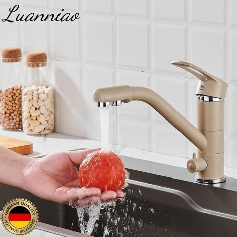 Titre : Robinet de cuisine en laiton beige moucheté avec filtre et robinet d’eau potable - Luanniao (1/5)
