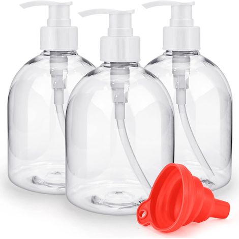 3 Pack 500ml Empty Refillable Plastic Bottles Reusable Large Capacity with Silicone Funnel and Labels for Shampoo, Shower Gel, Hand Soap (1/5)