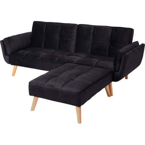 Canapé d’angle convertible velours noir avec méridienne modulable dossier réglable 3 positions 218x175 cm 040010442 (1/5)