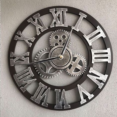 Große, geräuschlose 3D-Wanduhr im Retro-Stil aus Holz mit Zahnrädern, römischen Ziffern und europäischem Steampunk-Industrie-Dekor für Wohnzimmer und Bar, silberfarben, 40 x 40 cm (1/5)