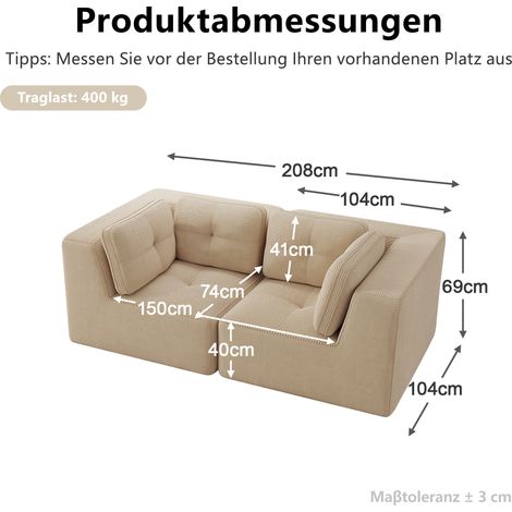 Canapé d'angle modulable, convertible et configurable, banquette 2 places sans châssis, assise moelleuse en velours côtelé, parfait pour salon ou chambre, teinte beige (1/5)