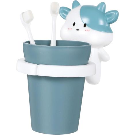 Porta spazzolino blu per bambini con bicchiere (senza foro), bicchiere per collutorio con disegno di animali dei cartoni animati gialli (1/4)