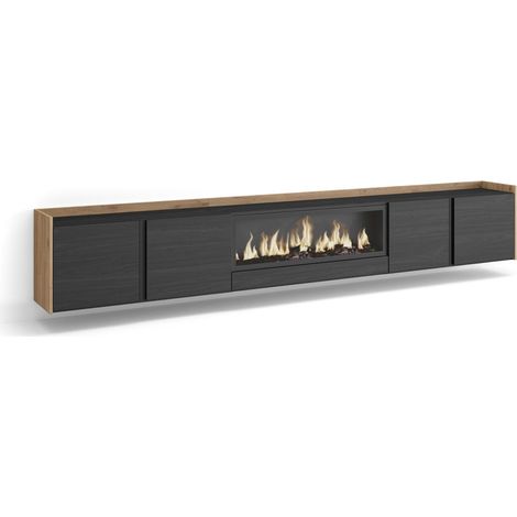 Skraut Home - Mueble TV, Televisión, Muebles de salón, almacenaje, 315x35x50cm, Para TV hasta 80", Chimenea eléctrica XXL, Colgado, Suspendido, Estilo Moderno, Negro y roble (1/5)