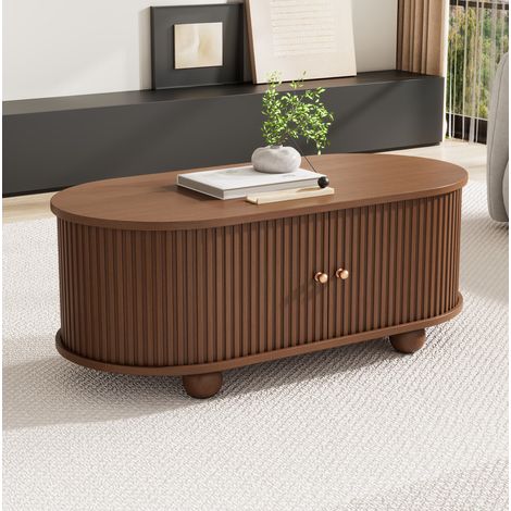 Table basse ovale en MDF 100 x 50 x 40 cm noyer avec rangement et portes coulissantes (1/5)