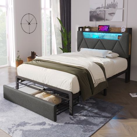 Letto per adulti 90x200 cm con testiera contenitore, ricarica USB e Type-C, LED, cassetto, grigio, senza materasso (1/5)
