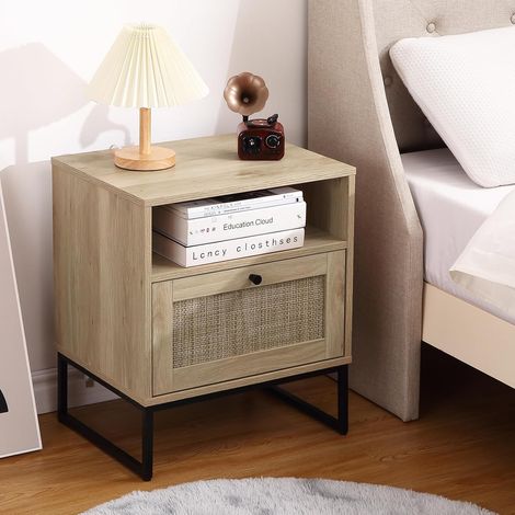 Lot de 2 tables de chevet en rotin – Style fermier moderne, avec tiroirs et étagères de rangement – Table d'appoint décorative pour salon et chambre (1/5)