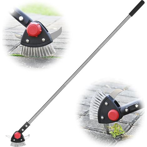 Désherbeur de fissures réglable 3 en 1 avec long manche, comprend une brosse à mousse et 2 grattoirs en acier inoxydable pour enlever les mauvaises herbes et la mousse des joints de panneaux (1/5)
