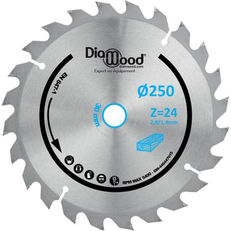 Diamwood – Lame de scie circulaire 250 mm – Alésage 30 mm avec 5 bagues – Denture alternée 10° Z24 – Pour bois tendre et exotique