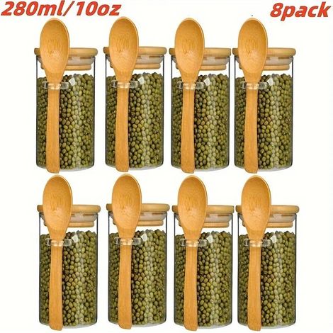 (10 oz - 8 pièces) Pots à sucre en verre avec couvercles et cuillères en bambou (1/5)
