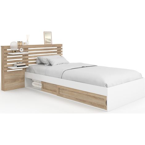Idmarket – Lit simple 90 x 190 cm avec tête de lit et rangements – Structure en panneaux de particules – Coloris hêtre et blanc – Sommier à lattes