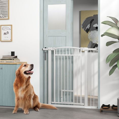 Barrière pour chien, largeur ajustable 76-102cm, barrière extra large avec porte pour chat, blanc (1/5)