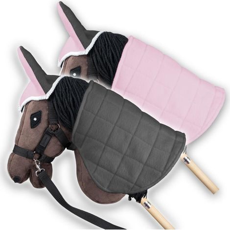 Manta y orejeras reversibles, rosa y gris.