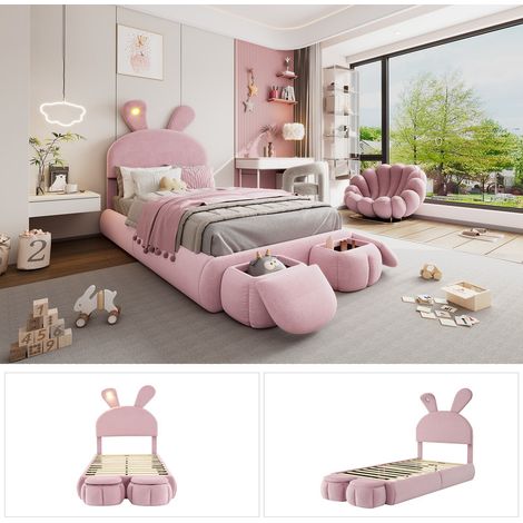 Lit enfant - Oreilles de lapin - Velours rose - 90x200 cm - LED réglable - Rangement inclus (1/5)