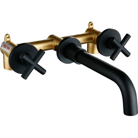 Grifo mural de lavabo con doble mando, color negro mate. (1/2)