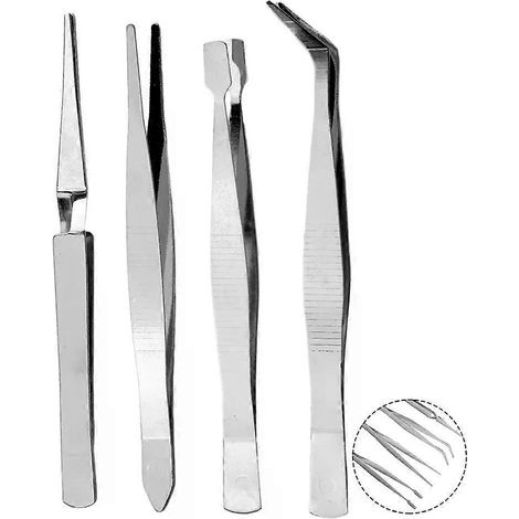 4-teiliges Präzisionspinzetten-Set aus verdicktem Edelstahl mit geradem, gebogenem Clip für Elektronikreparaturen und Lötarbeiten (1/4)