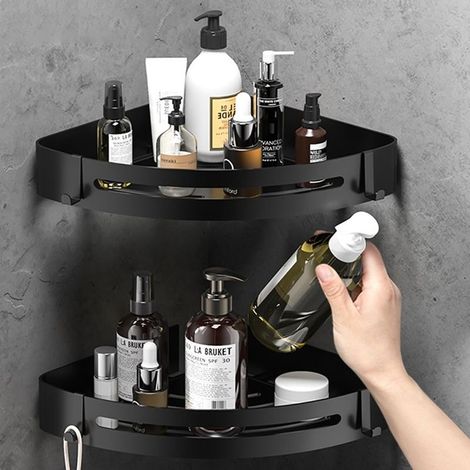 Pieces Self-Adhesive Shower Shelf No Drilling Stainless Steel Shower Caddy with 4 Hooks (Black) (1/5)