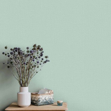 Papier peint uni vert clair pour chambre moderne | Tapisserie unicolore verte pour déco scandinave | Papier peint tendance vert bleu idéal couloir (1/4)