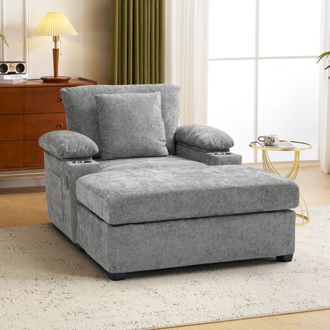 Chaise longue, chaise longue en tissu chenille, avec porte-gobelet et fonction de charge USB, adaptée au salon et au bureau (1/5)