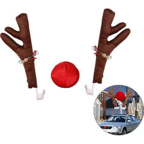 Set di corna e nasi di renna per auto, da applicare su finestrini, tetti, griglie e come accessori per costumi natalizi.
